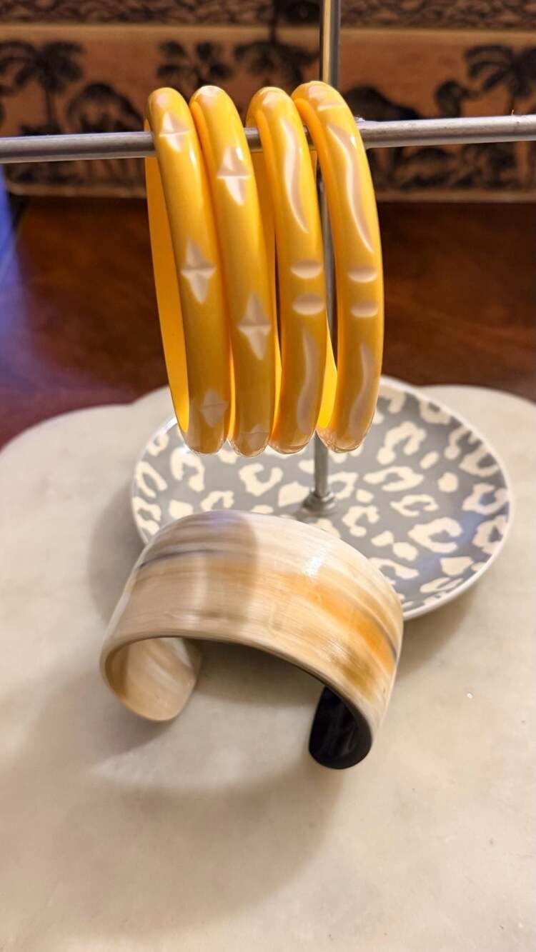 Butterscotch Carved Bangle and Natural Horn Cuff Bracelet Stack Set 5pc